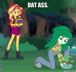 Size: 600x568 | Tagged: safe, edit, edited screencap, screencap, sunset shimmer, wallflower blush, better together, equestria girls, forgotten friendship, eyes on the prize, image macro, meme, text, vulgar