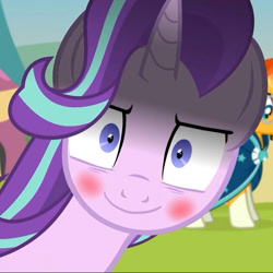 Size: 721x720 | Tagged: safe, artist:agrol, edit, editor:horsesplease, starlight glimmer, sunburst, pony, >:), bedroom eyes, blushing, evil grin, glarelight glimmer, looking at you, smiling, time for two