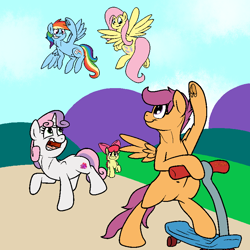 Size: 800x800 | Tagged: safe, artist:bennimarru, derpibooru import, apple bloom, fluttershy, rainbow dash, scootaloo, sweetie belle, pegasus, pony, bipedal, cutie mark crusaders, flat colors, frog (hoof), one hoof raised, open mouth, scooter, simple background, smiling, underhoof, waving