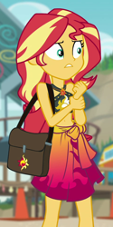 Size: 480x960 | Tagged: safe, screencap, sunset shimmer, better together, equestria girls, forgotten friendship, bag, belly button, clothes, cropped, solo, swimsuit