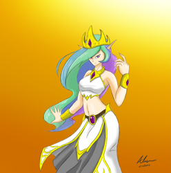 Size: 3763x3793 | Tagged: safe, artist:evanzblack, princess celestia, human, belly button, clothes, elf ears, gradient background, humanized, midriff, multicolored hair, pose, praise the sun, purple eyes, sexy, skirt, solo, stupid sexy celestia, top