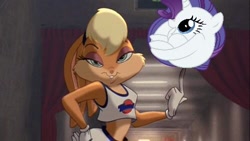 Size: 500x282 | Tagged: safe, rarity, pony, unicorn, the gift of the maud pie, bedroom eyes, exploitable meme, hand on hip, lola bunny, meme, midriff, rariball, space jam