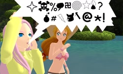 Size: 1153x692 | Tagged: safe, artist:the-horrible-mu, artist:theshadowman97, applejack, fluttershy, human, 3d, belly button, flood, grawlixes, humanized, midriff, mmd, shocked, speech bubble, sweet apple acres