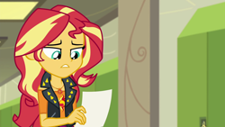 Size: 1920x1080 | Tagged: safe, screencap, sunset shimmer, better together, equestria girls, forgotten friendship, paper, solo