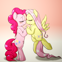 Size: 1000x1000 | Tagged: safe, artist:ushiro no kukan, fluttershy, pinkie pie, earth pony, pegasus, pony, bipedal, cute, diapinkes, female, flutterpie, lesbian, nuzzling, pixiv, shipping