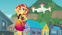 Size: 1920x1080 | Tagged: safe, screencap, sunset shimmer, better together, equestria girls, forgotten friendship, belly button, clothes, female, geode of empathy, magical geodes, midriff, sarong, selfie drone, solo, sunset selfie, swimsuit