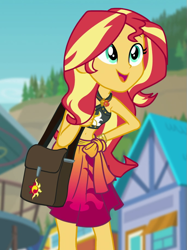 Size: 683x914 | Tagged: safe, screencap, sunset shimmer, better together, equestria girls, forgotten friendship, belly button, clothes, cropped, geode of empathy, magical geodes, satchel, solo, sports bra, swimsuit