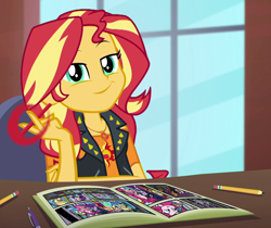 Size: 1132x950 | Tagged: safe, derpibooru import, screencap, applejack, fluttershy, pinkie pie, rainbow dash, rarity, sci-twi, sunset shimmer, twilight sparkle, better together, equestria girls, super squad goals, breaking the fourth wall, cropped, eraser, fourth wall, geode of empathy, looking at you, magical geodes, markers, mug, pencil, smugset shimmer, solo, sunset's apartment, thief, traditional art