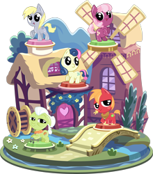 Size: 4014x4557 | Tagged: safe, artist:phucknuckl, part of a set, big macintosh, bon bon, cheerilee, derpy hooves, granny smith, sweetie drops, earth pony, pegasus, pony, my little pocket ponies, absurd resolution, adorabon, adorasmith, bridge, bush, cheeribetes, chibi, cute, derpabetes, elderly, female, flower, freckles, granny smith's scarf, house, inkscape, looking at you, macabetes, male, mare, one hoof raised, open mouth, pocket ponies, ponyville, rearing, set, simple background, smiling, smiling at you, stallion, standing, straw in mouth, transparent background, unshorn fetlocks, vector, wall of tags, water, windmill