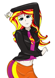 Size: 713x1000 | Tagged: safe, artist:anonix123, sunset shimmer, equestria girls, clothes, cutie mark clothes, human coloration, jacket, leather, leather jacket, pose, shirt, simple background, skirt, solo, transparent background