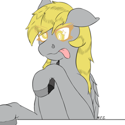 Size: 1024x1024 | Tagged: safe, artist:korencz11, derpy hooves, atg 2018, newbie artist training grounds, pen, simple background, solo, tongue out, white background