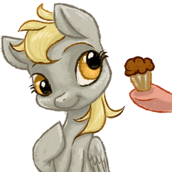 Size: 2000x2000 | Tagged: safe, artist:kovoranu, derpy hooves, pony, female, food, mare, muffin, offscreen character, simple background, smiling, textless