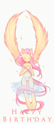 Size: 819x1870 | Tagged: safe, artist:ahimay, fluttershy, pegasus, pony, animal, birthday, clothes, dress, eyes closed, feather, flower, happy birthday, wings