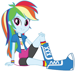 Size: 12300x11775 | Tagged: safe, artist:famousmari5, derpibooru import, rainbow dash, equestria girls, absurd resolution, boots, clothes, compression shorts, cute, female, shoes, shorts, simple background, sitting, skirt, smiling, socks, solo, transparent background, vector