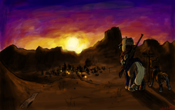 Size: 1432x900 | Tagged: safe, artist:masterjosh140, applejack, winona, earth pony, pony, a boy and his dog, bandage, collar, desert, dog collar, gun, hat, pet, post-apocalyptic, rifle, ruins, sign, sunset