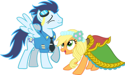 Size: 1159x689 | Tagged: safe, artist:offical-lunaflaire, applejack, soarin', earth pony, pony, clothes, dancing, dress, female, male, straight