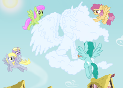 Size: 7000x5000 | Tagged: safe, artist:mundschenk85, derpy hooves, dinky hooves, dizzy twister, merry may, orange swirl, princess celestia, spring melody, sprinkle medley, alicorn, pony, absurd resolution, cloud sculpting, cloud sculpture, vector