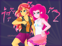 Size: 4000x3000 | Tagged: safe, artist:katakiuchi4u, pinkie pie, sunset shimmer, better together, equestria girls, anime, clothes, crossover, female, gold experience requiem, jacket, jojo pose, jojo's bizarre adventure, leather, leather jacket, miniskirt, missing accessory, new outfit, skirt, smiling, sunburst background