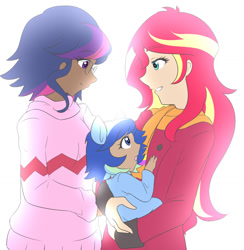 Size: 1280x1314 | Tagged: safe, artist:jonfawkes, sci-twi, sunset shimmer, twilight sparkle, oc, oc:sparkling sapphire, series:sciset diary, equestria girls, ask human octavia, baby, clothes, coat, crossover, dark skin, family, female, human coloration, lesbian, magical lesbian spawn, mother and child, mother and daughter, offspring, parent and child, parent:sci-twi, parent:sunset shimmer, parents:scitwishimmer, scitwishimmer, shipping, sunsetsparkle