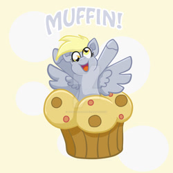 Size: 1024x1024 | Tagged: safe, artist:yoshimarsart, derpy hooves, pegasus, pony, deviantart watermark, food, muffin, obtrusive watermark, open mouth, solo, text, that pony sure does love muffins, watermark