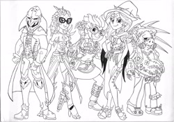 Size: 2416x1700 | Tagged: safe, artist:jmkplover, sci-twi, snails, snips, sunset shimmer, twilight sparkle, oc, oc:roy starfall, equestria girls, black and white, crossover, dr. junkenstein, grayscale, junkrat, lineart, monochrome, overwatch, reaper (overwatch), roadhog (overwatch), shimmercy, symmetra, witch mercy