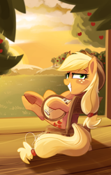 Size: 510x804 | Tagged: safe, artist:pepooni, applejack, earth pony, pony, banjo, chair, musical instrument, sitting, solo, sunset, underhoof