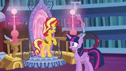 Size: 1920x1080 | Tagged: safe, screencap, sunset shimmer, twilight sparkle, twilight sparkle (alicorn), alicorn, pony, better together, equestria girls, forgotten friendship, bipedal, duo, horses doing human things, in the human world for too long, magic mirror, rearing