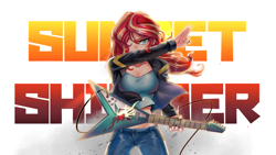 Size: 1920x1080 | Tagged: safe, artist:tzc, sunset shimmer, human, equestria girls, badass, breasts, clothes, electric guitar, female, guitar, guitar pick, hair over one eye, humanized, jacket, leather jacket, looking at you, metal as fuck, midriff, name, pants, solo, sunset jiggler, sunset shredder, wallpaper