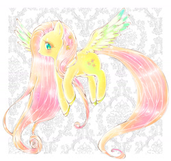 Size: 1600x1510 | Tagged: safe, artist:bubblerubble, fluttershy, pegasus, pony, colored hooves, colored pupils, cute, flower in hair, long mane, long tail, profile, shyabetes, solo, sparkles, spread wings, wings