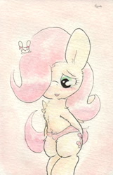 Size: 670x1039 | Tagged: safe, artist:slightlyshade, fluttershy, pegasus, pony, chest fluff, clothes, panties, ribbon, solo, traditional art, underwear