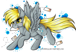 Size: 1024x693 | Tagged: safe, artist:julunis14, derpy hooves, pegasus, pony, female, letter, mare, mouth hold, simple background, solo, traditional art, transparent background