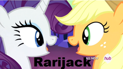 Size: 618x349 | Tagged: safe, applejack, rarity, earth pony, pony, unicorn, female, hub logo, lesbian, meme, rarijack, shipping