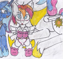 Size: 2483x2322 | Tagged: safe, artist:cuddlelamb, princess celestia, princess luna, oc, oc:cuddlelamb, alicorn, pony, age regression, diaper, licking, tongue out, traditional art