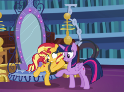 Size: 1452x1079 | Tagged: safe, screencap, sunset shimmer, twilight sparkle, twilight sparkle (alicorn), alicorn, pony, unicorn, better together, equestria girls, forgotten friendship, in the human world for too long, mirror portal, twilight's castle