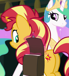 Size: 977x1077 | Tagged: safe, screencap, princess celestia, sunset shimmer, alicorn, pony, unicorn, better together, equestria girls, forgotten friendship, cropped, cutie mark, duo, plot, saddle bag