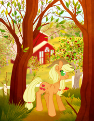 Size: 789x1012 | Tagged: safe, artist:toffec, applejack, earth pony, pony, barn, solo, sweet apple acres, tree