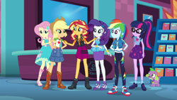 Size: 1920x1080 | Tagged: safe, derpibooru import, screencap, applejack, fluttershy, rainbow dash, rarity, sci-twi, spike, spike the regular dog, sunset shimmer, twilight sparkle, dog, a fine line, better together, equestria girls, boots, clothes, converse, cowboy hat, denim skirt, geode of empathy, geode of fauna, geode of shielding, geode of super speed, geode of super strength, geode of telekinesis, glasses, hat, high heel boots, high heels, jacket, leather jacket, magical geodes, mall, ponytail, sandals, shoes, skirt, sneakers, stetson, store