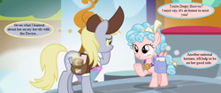 Size: 798x336 | Tagged: safe, edit, edited screencap, screencap, cozy glow, derpy hooves, pegasus, pony, school raze, clothes, cropped, female, filly, foal, hat, implied doctor whooves, mailbag, mailmare hat, mailpony uniform, mare, saddle bag, school of friendship, speech bubble, text, thought bubble, uniform