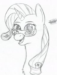 Size: 1385x1808 | Tagged: safe, artist:hypno, rarity, pony, unicorn, are you frustrated?, bust, glasses, meme, monochrome, open mouth, portrait, sketch, smiling, solo