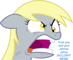 Size: 1198x986 | Tagged: safe, derpy hooves, angry, floppy ears, johnny johnny yes papa, meme, open mouth, ragelight glimmer, recolor, solo, text, vulgar