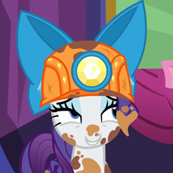 Size: 541x541 | Tagged: safe, screencap, rarity, pony, unicorn, gauntlet of fire, bow, cropped, dirt, dirty, faic, helmet, mining helmet