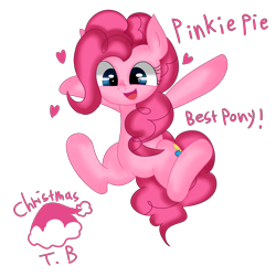 Size: 3500x3500 | Tagged: safe, artist:korchristmas, pinkie pie, earth pony, pony, best pony, christmas, cute, hat, heart, jumping, looking at you, open mouth, santa hat, simple background, smiling, solo, transparent background