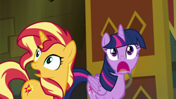 Size: 1920x1080 | Tagged: safe, screencap, sunset shimmer, twilight sparkle, twilight sparkle (alicorn), alicorn, pony, unicorn, better together, equestria girls, forgotten friendship, duo, faic, gaping, library, ohmygosh, open mouth, surprised