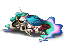 Size: 1800x1270 | Tagged: safe, artist:whisperseas, discord, princess celestia, alicorn, pony, dislestia, female, male, shipping, sleeping, straight, watermark