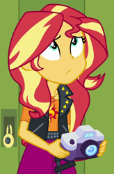 Size: 618x943 | Tagged: safe, screencap, sunset shimmer, better together, equestria girls, forgotten friendship, camera, cropped, geode of empathy, magical geodes, solo