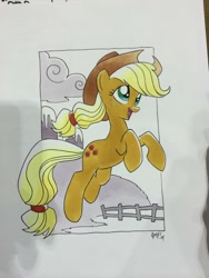 Size: 768x1024 | Tagged: safe, artist:tonyfleecs, applejack, earth pony, pony, fence, jumping, solo, traditional art