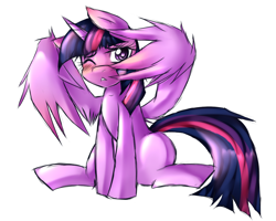 Size: 1280x1024 | Tagged: safe, artist:mixipony, derpibooru import, twilight sparkle, twilight sparkle (alicorn), alicorn, pony, :<, blushing, covering, female, fluffy, mare, shy, sitting, solo, wing hands, wink