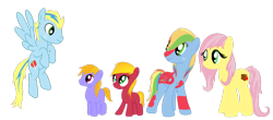 Size: 1000x440 | Tagged: safe, artist:karmadash, applejack, oc, oc only, oc:ambrosia pip, oc:apple crumble, oc:apple crunch, oc:apple slash, oc:zapple, oc:zappletta, earth pony, pegasus, pony, family, flying, looking up, offspring, parent:applejack, parent:big macintosh, parent:braeburn, parent:fluttershy, parent:rainbow dash, parent:soarin', parents:braeshy, parents:rainbowmac, parents:soarinjack, pony with birthmarks, spread wings