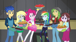 Size: 1920x1080 | Tagged: safe, derpibooru import, screencap, derpy hooves, flash sentry, pinkie pie, rainbow dash, sandalwood, velvet sky, better together, equestria girls, a queen of clubs, background human, baking, bread, brownies, clothes, croissant, food, geode of sugar bombs, geode of super speed, magical geodes, oven mitts, pantyhose, photo, photobomb, pie