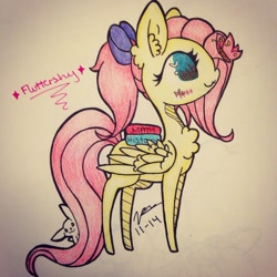 Size: 1024x1024 | Tagged: safe, artist:chillytuna929, angel bunny, fluttershy, butterfly, pegasus, pony, alternate hairstyle, blushing, book, chest fluff, ear fluff, ponytail, solo, traditional art